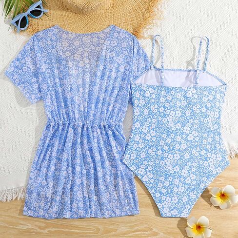 Girl's 2 Piece Swimsuit Tropical Floral Print One Piece Swimsuit Beach Bathing Suit with Kimono Cover Up in Saudi Arabia