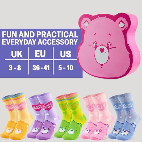 احصل على 5 جوارب من Trend Care Bears للنساء والمراهقات، الولايات المتحدة 5-10، جوارب قطنية ملونة في صندوق قابل لإعادة الاستخدام، هدايا لطيفة للنساء in Saudi Arabia