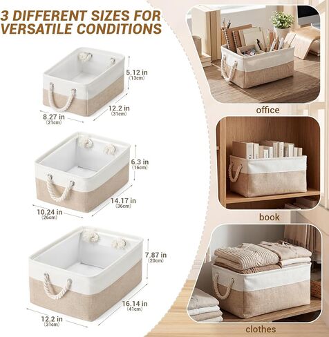 3 Pcs Storage Basket for Organizer 3 Sizes Foldable Fabric Storage Bins with Rope Handles Book Lover Gift for Organizing Shelves Books Clothes Toys Towels for Living Room Office Library in Saudi Arabia