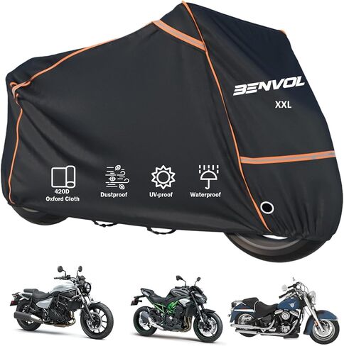 غطاء دراجة نارية عالي التحمل من BENVOL 420D مقاوم للماء في الهواء الطلق، غطاء دراجة نارية من مادة مقاومة للمطر 5000 مم مع إبزيمين مقاومين للرياح، وفتحات قفل وشرائط عاكسة واسعة، وحماية من غبار الشمس والأشعة فوق البنفسجية in Kuwait