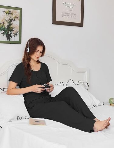 Ekouaer طقم بيجامة نسائي فسكوز من الخيزران طقم صالة بيجامة ناعمة للنساء طقم كم قصير وسراويل طويلة ملابس نوم in Kuwait