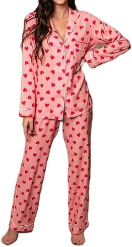 NUFIWI طقم ملابس نوم مكون من قطعتين مطبوع عليه قلب عيد الحب وأكمام طويلة وأزرار علوية وسراويل لطيفة ملابس نوم Pj in Saudi Arabia