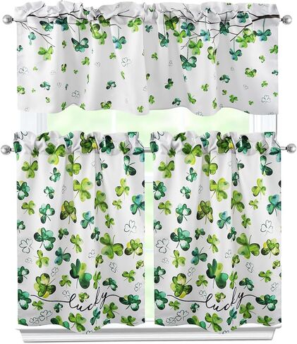 St. Patrick's Day Kitchen Curtains 3 Piece Set Shamrock Curtains Valance & Tiers 36 Inch Short Window Curtain for Kitchen Home Indoor Cafe Over Sink Window Irish-Themed Decor in Saudi Arabia