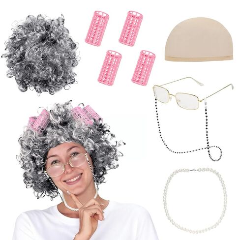 WOVOWOVO Old Lady Costume for Women,Grandma Costume Curly Grey Wig Set,Wig Caps,Madea Granny Glasses, Eyeglass Retainer Chain,Pearl Necklace for Halloween Cosplay Dress Up,Grey in Saudi Arabia