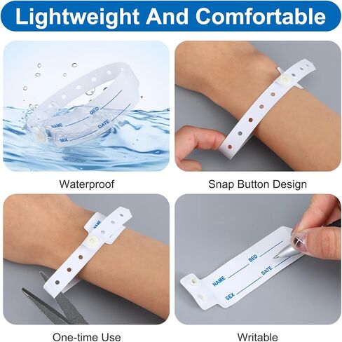 50 Pcs Vinyl Wristbands Patient Events Identification ID Name Bands Adjustable Medical Shield Snap Wristband Extended Wear Secure Bracelets Waterproof Disposable Wristband for Hospital in Saudi Arabia