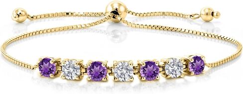 Gem Stone King 7-Stone Tennis Bracelet For Women | Gemstone Birthstone and White Lab Grown Diamond | 18K Yellow Gold Plated Silver | Round 4.5MM | Adjustable Bolo Bracelet For Women in Saudi Arabia