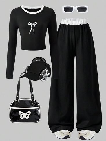 Girls' two-piece set, simple bow print round neck long sleeved top and loose straight leg pants sports suit in Saudi Arabia