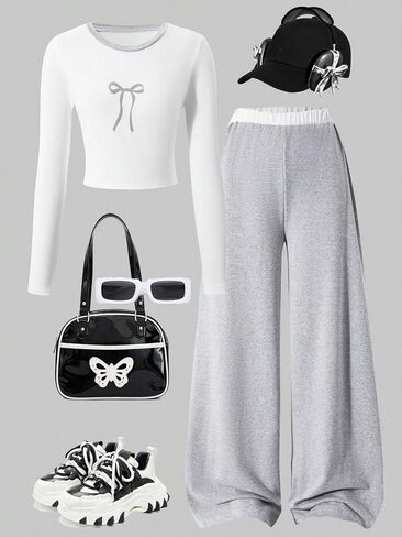fashionable and casual, simple bow print round neck long sleeved top and loose straight leg pants in Saudi Arabia