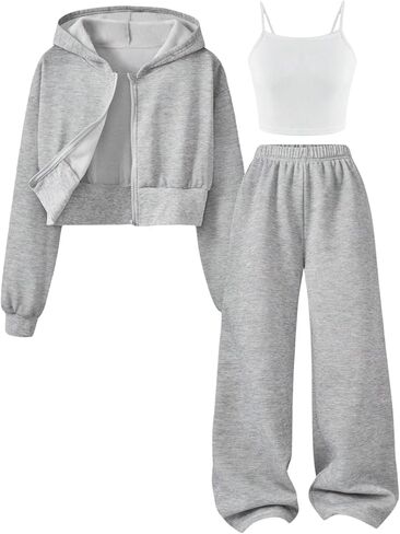 Girls 3 Piece Outfits Tracksuit Cami Top Zip Hoodie Sweatshirts and Jogger Sweatpant Set Sweatsuit Pant Set 13-16 Y in Kuwait