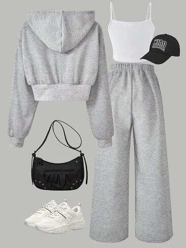 Girls 3 Piece Outfits Tracksuit Cami Top Zip Hoodie Sweatshirts and Jogger Sweatpant Set Sweatsuit Pant Set 13-16 Y in Kuwait