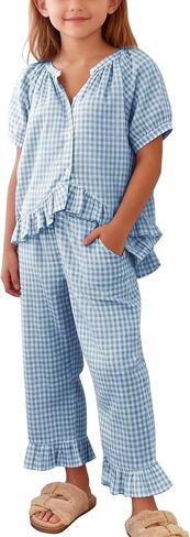 Flygo Girls Gingham 2 Piece Outfits Cotton Plaid Short Sleeve Button Down Peplum Top and Y2K Cute Ruffle Long Pants Sets in Saudi Arabia