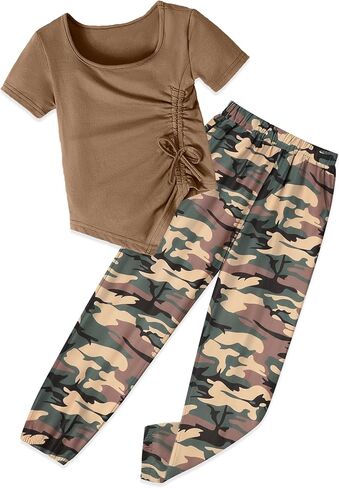 ملابس الفتيات ملابس علوية بأكمام قصيرة ورباط مكشكش غير منتظم وسراويل الفتيات المموهة قطعتين ملابس الفتيات الصيفية in Kuwait