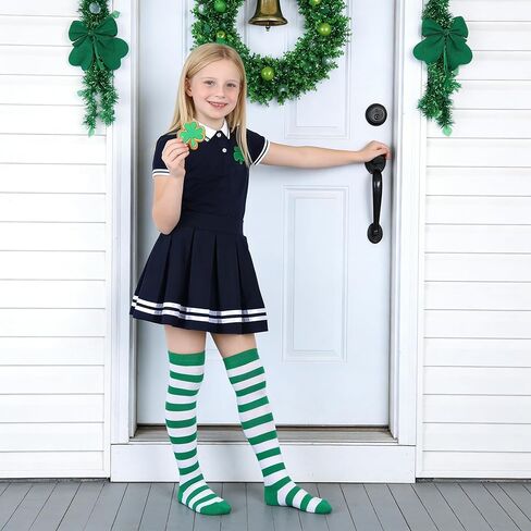 Kids Boys Girls Socks Knee High Green White Stripes Novelty Costume for Holidays Saint Patrick Day for 7-12Y in Saudi Arabia