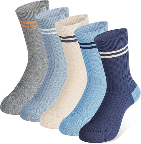 5 أزواج من الجوارب القطنية للأولاد والبنات والأطفال الصغار، جوارب رياضية بخطوط كلاسيكية، من 3 إلى 12 سنة in Saudi Arabia