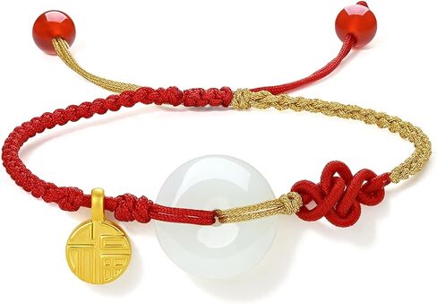 24K Solid Gold Bracelets for Women, Real Pure Gold Bracelets Adjustable Friendship Lucky Blessing Lily of the Valley White Nephrite Jade Jewelry Red Braided Bracelets for Girlfriend Lover in Saudi Arabia
