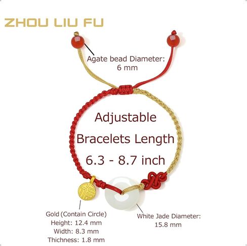 24K Solid Gold Bracelets for Women, Real Pure Gold Bracelets Adjustable Friendship Lucky Blessing Lily of the Valley White Nephrite Jade Jewelry Red Braided Bracelets for Girlfriend Lover in Saudi Arabia