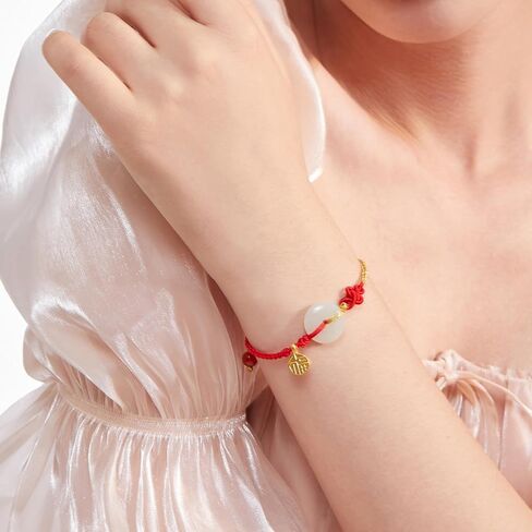24K Solid Gold Bracelets for Women, Real Pure Gold Bracelets Adjustable Friendship Lucky Blessing Lily of the Valley White Nephrite Jade Jewelry Red Braided Bracelets for Girlfriend Lover in Saudi Arabia
