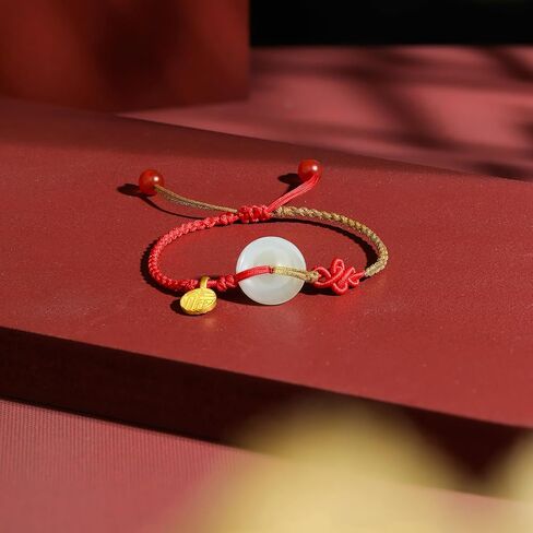 24K Solid Gold Bracelets for Women, Real Pure Gold Bracelets Adjustable Friendship Lucky Blessing Lily of the Valley White Nephrite Jade Jewelry Red Braided Bracelets for Girlfriend Lover in Saudi Arabia