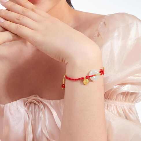24K Solid Gold Bracelets for Women, Real Pure Gold Bracelets Adjustable Friendship Lucky Blessing Lily of the Valley White Nephrite Jade Jewelry Red Braided Bracelets for Girlfriend Lover in Saudi Arabia