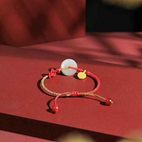 24K Solid Gold Bracelets for Women, Real Pure Gold Bracelets Adjustable Friendship Lucky Blessing Lily of the Valley White Nephrite Jade Jewelry Red Braided Bracelets for Girlfriend Lover in Saudi Arabia