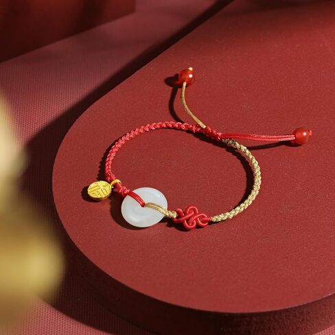 24K Solid Gold Bracelets for Women, Real Pure Gold Bracelets Adjustable Friendship Lucky Blessing Lily of the Valley White Nephrite Jade Jewelry Red Braided Bracelets for Girlfriend Lover in Saudi Arabia