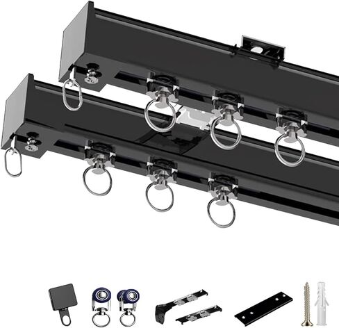 Aluminum Alloy Material Double Curtain Track, Ceiling Wall Mounted Heavy-Duty Curtains Rails, Slide Quietly Curtain Track Rail for Window, Silent and Smooth, Easy to Install(Black,460cm(15.1 in Saudi Arabia