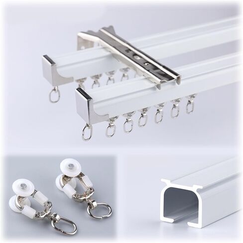 حاجز ستارة مزدوج المسار - قضيب ستارة أبيض مثبت على الحائط بطول 340 سم مع بكرات صامتة مثالي للاستخدام في المنزل والمدرسة والشقق والمستشفيات (وردي - 400 سم) in Kuwait