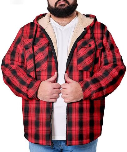 Big and Tall Flannel Jacket for Men Plaid Fleece Hoodie Zip Up Sherpa Lined Winter Coat, 2XL-8XL Plus Size in Saudi Arabia