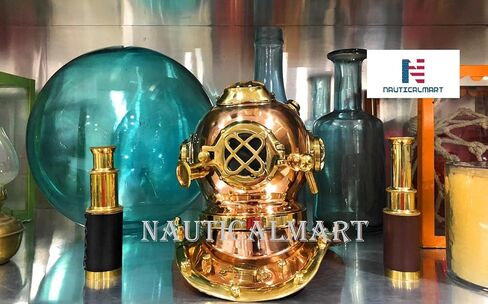 خوذة غوص نحاسية نحاسية من NauticalMart، خوذة مصغرة للبحرية الأمريكية - ديكور مكتب/ديكور رف in Kuwait
