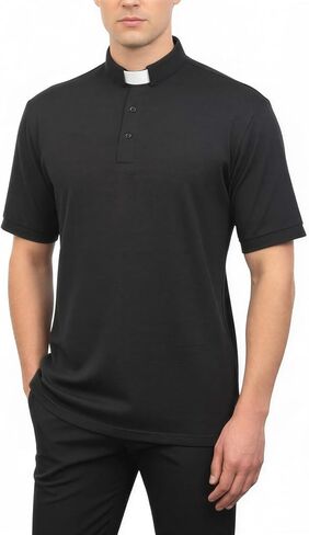 Men's Short Sleeve Clergy Polo Shirt Tab Collar Pastor Minister Preacher Cotton Blend Top with Removable White Tabs in Saudi Arabia