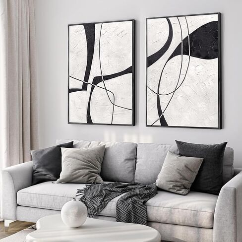 100% Hand-Painted, Black Color Framed 2-Set Black and White Wall Art Thick Texture Large Abstract Wall Art Decor for Living Room, Bedroom, Office, Modern Home Decor - 2 Piece of 90cm x 60cm in Kuwait
