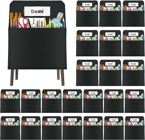 24 Pack Chair Pockets for Classrooms, 16 x 19 inch Pocket Chart Back of Chair Organizer for Kids with Name Slot, Seat Sacks for Classroom Chairs Seat Storage (Black, 24Pack) in Kuwait
