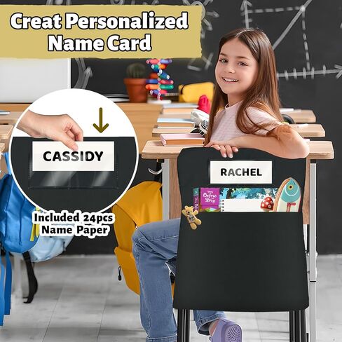 24 Pack Chair Pockets for Classrooms, 16 x 19 inch Pocket Chart Back of Chair Organizer for Kids with Name Slot, Seat Sacks for Classroom Chairs Seat Storage (Black, 24Pack) in Kuwait