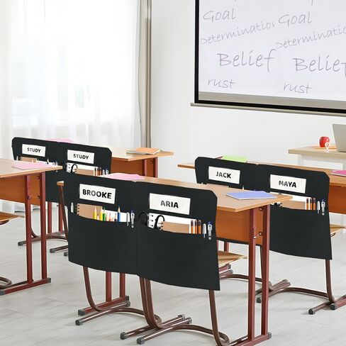 24 Pack Chair Pockets for Classrooms, 16 x 19 inch Pocket Chart Back of Chair Organizer for Kids with Name Slot, Seat Sacks for Classroom Chairs Seat Storage (Black, 24Pack) in Kuwait