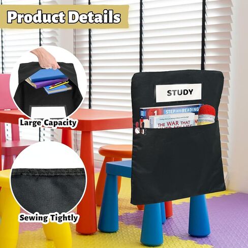 24 Pack Chair Pockets for Classrooms, 16 x 19 inch Pocket Chart Back of Chair Organizer for Kids with Name Slot, Seat Sacks for Classroom Chairs Seat Storage (Black, 24Pack) in Kuwait