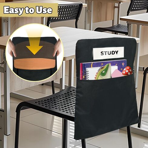 24 Pack Chair Pockets for Classrooms, 16 x 19 inch Pocket Chart Back of Chair Organizer for Kids with Name Slot, Seat Sacks for Classroom Chairs Seat Storage (Black, 24Pack) in Kuwait