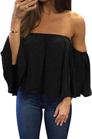 Bluetime Women Summer Off Shoulder Chiffon Blouse Ruffles Short Sleeves Tops Casual T Shirt in Saudi Arabia