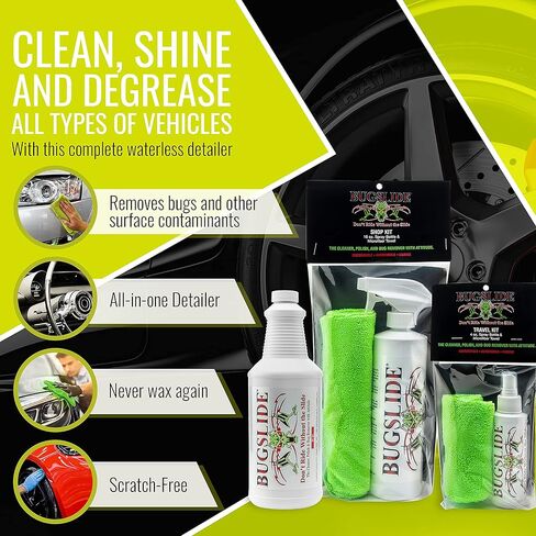 BugSlide Saver Pack, 4 oz Travel Kit with Microfiber Cloth, 16 oz Spray Kit with Microfiber Cloth, 32 oz Refill Bottle, Waterless Detailer, Cleans All Surfaces and Vehicles Without Scratching in Kuwait