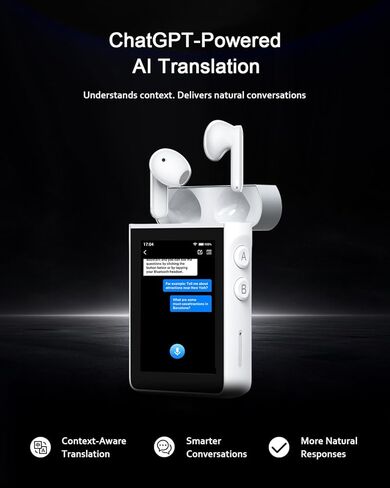 سماعات أذن Wooask A9S AI Translator مع شاشة، مترجم لغة غير متصل بالإنترنت مع ترجمة الكاميرا، يعمل بنظام ChatGPT، لا يتطلب هاتف، لسفر الأعمال العالمية والبدو الرقميين (أبيض) in Kuwait