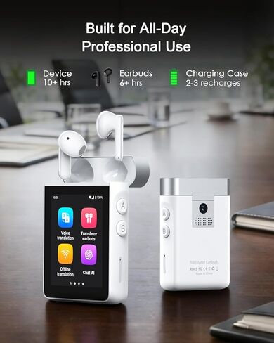 سماعات أذن Wooask A9S AI Translator مع شاشة، مترجم لغة غير متصل بالإنترنت مع ترجمة الكاميرا، يعمل بنظام ChatGPT، لا يتطلب هاتف، لسفر الأعمال العالمية والبدو الرقميين (أبيض) in Kuwait