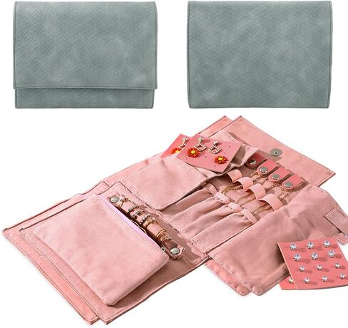 Foldable Jewelry Organizer for Travel, Compact PU Leather Jewelry Bag with Zippered Pouch, Tangle-Free Roll Up Storage for Earrings, Necklaces, Rings, Bracelets, Portable Jewelry Roll (Pink, Blue) in Saudi Arabia