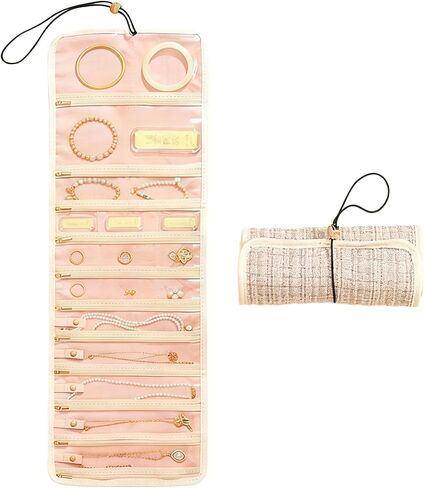 بكرة مجوهرات للسفر، منظم مجوهرات محمول باللون البيج مع جيوب بسحاب، منظم مجوهرات بسعة كبيرة 28.3 بوصة مع أشرطة فردية، خطاف تعليق، موفر للمساحة، بوليستر للقلادة والسوار in Kuwait