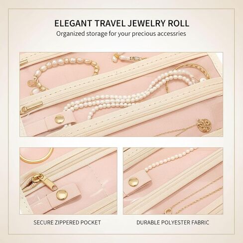 بكرة مجوهرات للسفر، منظم مجوهرات محمول باللون البيج مع جيوب بسحاب، منظم مجوهرات بسعة كبيرة 28.3 بوصة مع أشرطة فردية، خطاف تعليق، موفر للمساحة، بوليستر للقلادة والسوار in Kuwait