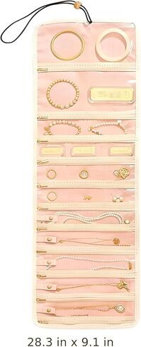 بكرة مجوهرات للسفر، منظم مجوهرات محمول باللون البيج مع جيوب بسحاب، منظم مجوهرات بسعة كبيرة 28.3 بوصة مع أشرطة فردية، خطاف تعليق، موفر للمساحة، بوليستر للقلادة والسوار in Kuwait