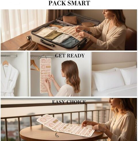 بكرة مجوهرات للسفر، منظم مجوهرات محمول باللون البيج مع جيوب بسحاب، منظم مجوهرات بسعة كبيرة 28.3 بوصة مع أشرطة فردية، خطاف تعليق، موفر للمساحة، بوليستر للقلادة والسوار in Kuwait