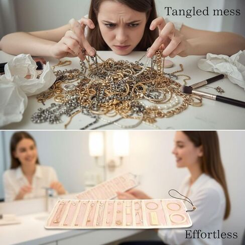 بكرة مجوهرات للسفر، منظم مجوهرات محمول باللون البيج مع جيوب بسحاب، منظم مجوهرات بسعة كبيرة 28.3 بوصة مع أشرطة فردية، خطاف تعليق، موفر للمساحة، بوليستر للقلادة والسوار in Kuwait