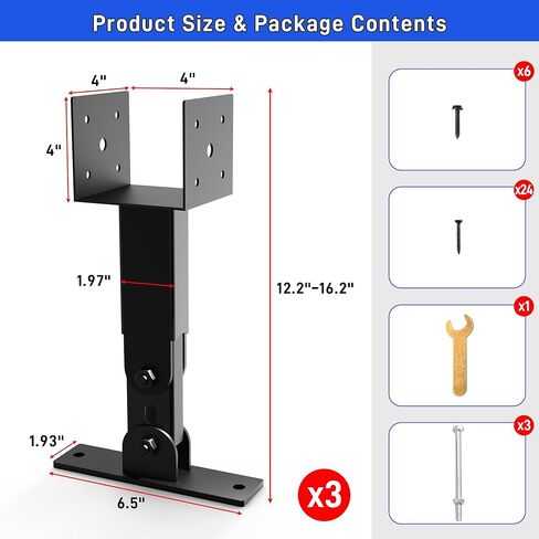 طقم 3 قطع من دعامات رفع السقف مع ارتفاع وزاوية قابلة للتعديل 12.2 بوصة - 16.2 بوصة، دعامة شعاع لسقف العريشة شديدة التحمل، دعامات تثبيت على السقف من الفولاذ المقاوم للصدأ 4 × 4 لتغطية الفناء، عمود خشبي، شرفة المراقبة in Kuwait