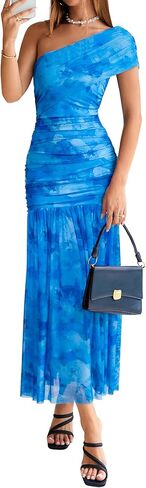 Simplee Womens One Shoulder Floral Maxi Dress Summer Sleeveless Ruched Elegant Bodycon Mesh Wedding Guest Dresses in Saudi Arabia