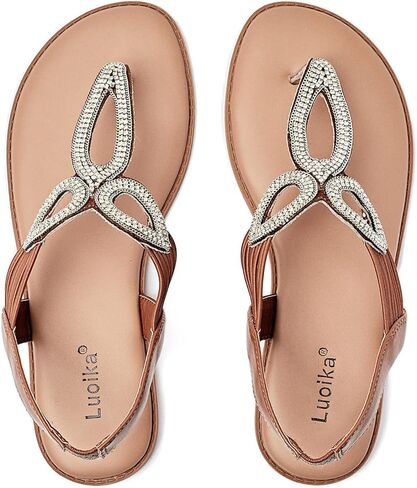 Luoika Women's Wide Width Flat Slides Sandals, Flip Flop Strappy Rhinestone Thong Sandals Comfortable Summer Beach Shoes for Women. in Kuwait