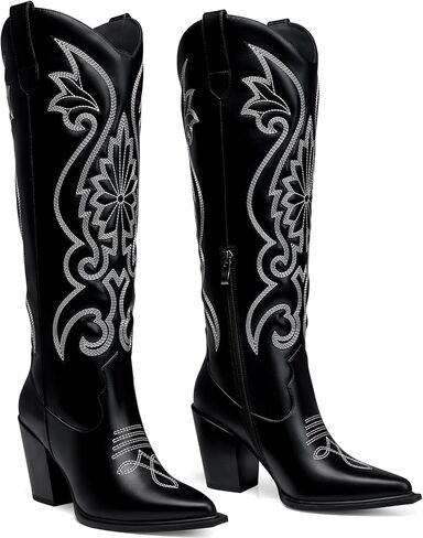 Women High Cowboy Boots: 3.5 Inch Chunky Heels Cowgirl Boot, Pointed Toe Trendy Knee High Boots, Wide Calf Comfortable Embroidered Western Tall Boots Size 6-11 in Saudi Arabia